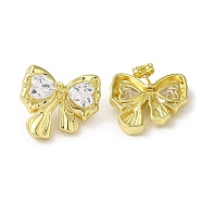 Brass Stud Earrings, with Clear Cubic Zirconia for Women, Heart with Bowknot, Real 18K Gold Plated, 23x25.5mm(EJEW-D109-05G)