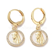 Real 18K Gold Plated Brass Dangle Leverback Earrings, with Enamel and Cubic Zirconia, Flat Round, Flat Round, 27.5x12mm(EJEW-L269-003G-04)