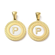 Ion Plating(IP) 304 Stainless Steel Pendants, Flat Round Shell Charms with Letter, Golden, Letter P, 20.5x17.5x1.5mm, Hole: 2.5x4.5mm(STAS-I204-P-G)