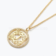 Brass Micro Pave Clear Cubic Zirconia Pendant Necklaces, Flat Round with Letter, Real 18K Gold Plated, Letter.J, 16.14~17.20 inch(41~43.7cm)(NJEW-J059-01J)
