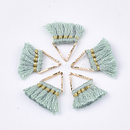 Polycotton(Polyester Cotton) Tassel Charms Decorations, Mini Tassel, with Brass Findings, Triangle, Golden, Medium Aquamarine, 14~15x12~15x2mm, Hole: 7x6mm(FIND-S302-10S)