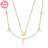 925 Sterling Silver Flat Round Pendant Necklaces for Women, Double Layer Cable Chains Necklaces, Real 18K Gold Plated, 15-3/8 inch(39cm)(NW7727-1)