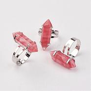 Cherry Quartz Glass Finger Rings, with Iron Ring Finding, Platinum, Bullet, Size 8, 18mm(RJEW-P120-C05)