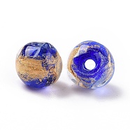 Handmade Gold Foil Glass Beads, Round, Blue, 10x9~10mm, Hole: 1.6~2mm(LAMP-C004-03A)