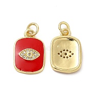 Brass Micro Pave Cubic Zirconia Pendants, with Enamel & Jump Ring, Rectangle with Eye Charm, Golden, Red, 16x11x2mm, Hole: 3.3mm(KK-E068-VB438-2)