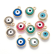 Epoxy Resin Enamel Pendants, Evil Eye Charms, with Rack Plating Light Gold Tone Alloy Open Back Bezel, Cadmium Free & Nickel Free & Lead Free, Mixed Color, 21.5x18.5x2.5~3mm, Hole: 1.8mm(RESI-T045-031D)
