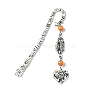 Tree of Life Feather Tibetan Style Alloy Pendant Bookmark with Cat Eye, Tibetan Style Hook Bookmarks, Coral, 123x20mm(AJEW-JK00277-02)