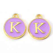 Golden Plated Alloy Enamel Charms, Enamelled Sequins, Flat Round with Letter, Medium Purple, Letter.K, 14x12x2mm, Hole: 1.5mm(X-ENAM-S118-10K)