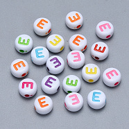 Craft Acrylic Horizontal Hole Letter Beads, Flat Round, Mixed Color, Letter.E, 7x3.5~4mm, Hole: 1.5mm, about 3600pcs/500g(SACR-S201-11E)