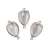 Cat Eye Faceted Teardrop Connector Charms, Brass Strawberry Links, Platinum, Gainsboro, 20x11.5x5mm, Hole: 1.2mm(G-B081-02P-04)