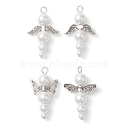 4Pcs 4 Styles Glass Pearl Pendants, with Alloy Beads, Angel & Fairy, Antique Silver & Platinum, 33~34x18~22.5x8mm, Hole: 2.8~3.2mm, 1pc/style(PALLOY-JF02711)