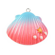 Opaque Resin Pendants, with Platinum Tone Iron Loop, Two Tone, Shell with Star, Light Coral, 33.5~34.5x31.5~32.5x8.5mm, Hole: 2mm(X-RESI-S356-059B-02)
