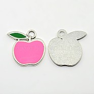 Apple Antique Silver Tone Alloy Enamel Pendants, Hot Pink & Green, 24x25x2mm, Hole: 3mm(ENAM-N038-12A)