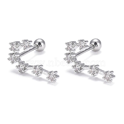 Brass Micro Pave Clear Cubic Zirconia Stud Earrings, with 304 Stainless Steel Pin and Ear Nut, Constellation/Zodiac Sign, Platinum, Cancer, 13x8mm, Pin: 0.8mm(EJEW-F258-01F-P)