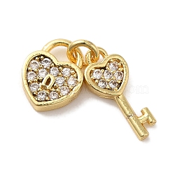 Brass Micro Pave Cubic Zirconia Charms, Long-Lasting Plated, Cadmium Free & Lead Free, Key, Golden, 8x7x2mm, Hole: 3x2mm(KK-C072-27B-G)