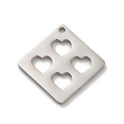 Non-Tarnish 304 Stainless Steel Pendants, Laser Cut, Rhombus with Heart Charm, Stainless Steel Color, 17x17x1mm, Hole: 1.2mm(STAS-O005-19P)