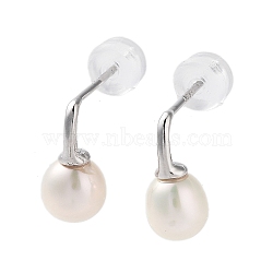 Natural Pearl Stud Earrings for Women, with Sterling Silver Pins, Platinum, 12x5.8~6mm(EJEW-C083-03P)