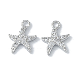 Ocean Collection Theme Jewelry, Brass with Cubic Zirconia Charms, Real Platinum Plated, Starfish, 12x9.5x2mm, Hole: 1.6mm(KK-H482-17E-P)