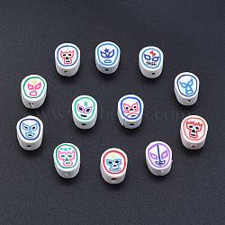 Handmade Polymer Clay Beads, Oval with Mask Pattern, Mixed Color, 10x8.5x4.5mm, Hole: 1.6mm(CLAY-C001-08)