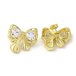 Brass Stud Earrings, with Clear Cubic Zirconia for Women, Heart with Bowknot, Real 18K Gold Plated, 23x25.5mm(EJEW-D109-05G)