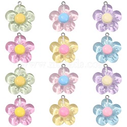 60Pcs 6 Colors Translucent Resin Pendants, Glitter Flower Charms, with Platinum Tone Iron Loops, Mixed Color, 31x27x8.5mm, Hole: 1.8~2mm, 10pcs/color(RESI-CJ0003-61)