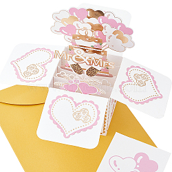 3D Pop Up Cake & Balloons Box Greeting Card, with Envelopes, Word Mr & Mrs, for Valentine's Festive Gift Supplies, Pink, 80x80x0.4mm(AJEW-WH0258-100A)