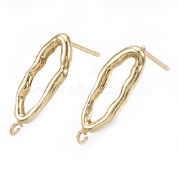 Brass Stud Earring Findings, with Loop, Real Gold Plated, Oval, Real 18K Gold Plated, 19x6mm, Hole: 1.2mm, Pin: 0.7mm(KK-S348-105)