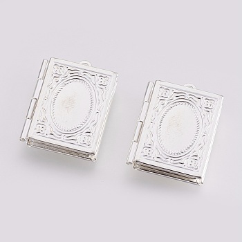 Brass Photo Locket Pendants, Carved Pattern, Rectangle, Silver Color Plated, 26.5x18.5x4.5mm, Hole: 1.5mm, Inner Measure: 9.5x15mm