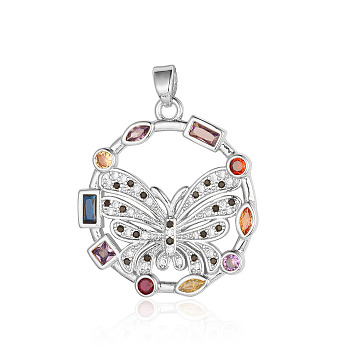 Brass Micro Pave Colorful Cubic Zirconia Pendants, Butterfly Charms, Platinum, 28x25x2mm