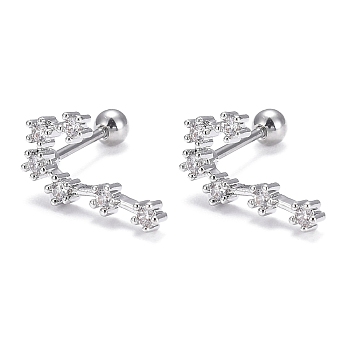 Brass Micro Pave Clear Cubic Zirconia Stud Earrings, with 304 Stainless Steel Pin and Ear Nut, Constellation/Zodiac Sign, Platinum, Cancer, 13x8mm, Pin: 0.8mm