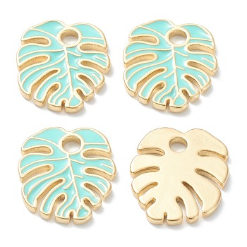Brass Enamel Pendants, Real 18K Gold Plated, Long-Lasting Plated, Leaf, Medium Turquoise, 18x16x1.5mm, Hole: 2.5mm