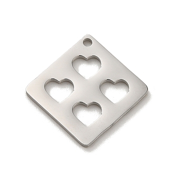 304 Stainless Steel Pendants, Laser Cut, Rhombus with Heart Charm, Stainless Steel Color, 17x17x1mm, Hole: 1.2mm