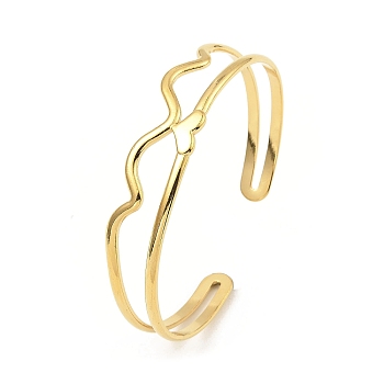 304 Stainless Steel Cuff Bangles, Heart with Wave, Golden, Inner Diameter: 2-1/4 inch(5.75cm)