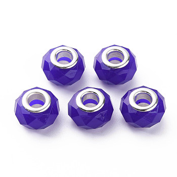 Resin European Beads, Large Hole Beads, with Silver Tone Brass Double Cores, Faceted, Rondelle, Dark Blue, 14x9mm, Hole: 5mm