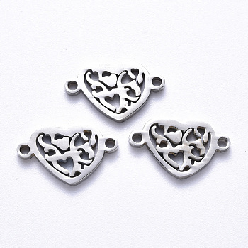 201 Stainless Steel Links Connectors, Laser Cut, Filigree Heart, Stainless Steel Color, 11x18.5x1.5mm, Hole: 1.6mm