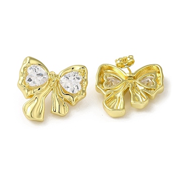 Brass Stud Earrings, with Clear Cubic Zirconia for Women, Heart with Bowknot, Real 18K Gold Plated, 23x25.5mm