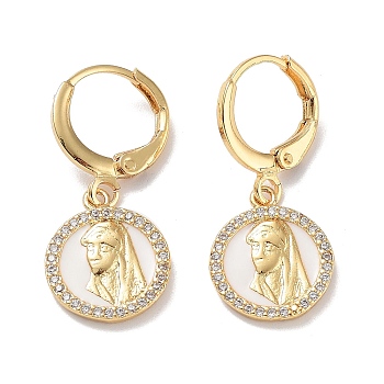 Real 18K Gold Plated Brass Dangle Leverback Earrings, with Enamel and Cubic Zirconia, Flat Round, Flat Round, 27.5x12mm
