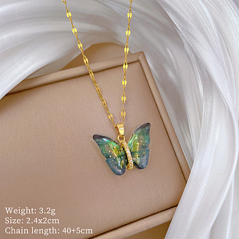 Brass Crystal Rhinestone Resin Glitter Butterfly Pendant 304 Stainless Steel Dapped Chain Necklaces for Women, Golden, Green, 15.75 inch(40cm)
