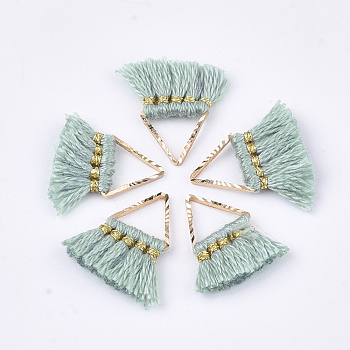Polycotton(Polyester Cotton) Tassel Charms Decorations, Mini Tassel, with Brass Findings, Triangle, Golden, Medium Aquamarine, 14~15x12~15x2mm, Hole: 7x6mm