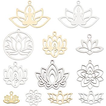 24Pcs 12 Style 201 Stainless Steel Pendants, Filigree Joiners Findings, for Chakra, Laser Cut, Lotus Flower, Mixed Color, 2pcs/style