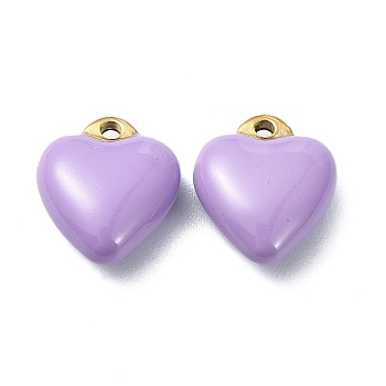 Ion Plating(IP) Real 18K Gold Plated 304 Stainless Steel Pendants, with Enamel, Heart Charms, Lilac, 12x10.5x5mm, Hole: 1.2mm