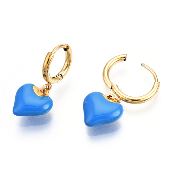Enamel Heart Dangle Hoop Earrings, Real 18K Gold Plated 304 Stainless Steel Jewelry for Women, Nickel Free, Dodger Blue, 28x11.5mm, Pin: 1mm