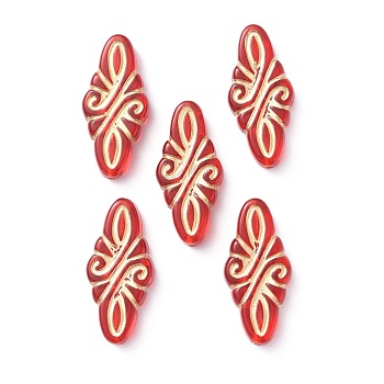 Plating Acrylic Beads, Metal Enlaced, Rhombus with Floral, Red, 29.5x14x5.5mm, Hole: 1.4mm, about 346pcs/500g