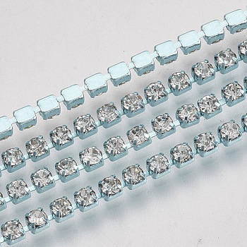 Electrophoresis Iron Rhinestone Strass Chains, Crystal Rhinestone Cup Chains, with Spool, Pale Turquoise, SS12 Rhinestone, 3~3.2mm, about 10yards/roll