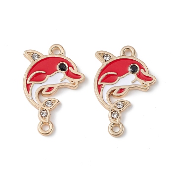 Alloy Enamel Connector Charms, Dolphin Links with Crystal Rhinestone, Light Gold, Cadmium Free & Nickel Free & Lead Free, Red, 23x15.5x1.5mm, Hole: 1.5mm