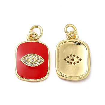 Brass Micro Pave Cubic Zirconia Pendants, with Enamel & Jump Ring, Rectangle with Eye Charm, Golden, Red, 16x11x2mm, Hole: 3.3mm