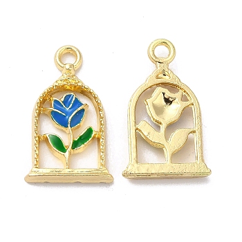 Alloy Enamel Pendants, Golden, Arch with Rose Charm, Blue, 18x11x2.5mm, Hole: 1.5mm