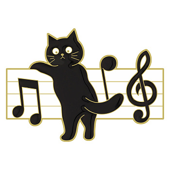 Black Cat Enamel Pin, Golden Alloy Badge for Backpack Clothes, Musical Note Pattern, 22x30mm