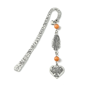 Tree of Life Feather Tibetan Style Alloy Pendant Bookmark with Cat Eye, Tibetan Style Hook Bookmarks, Coral, 123x20mm