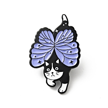 Cartoon Cat Enamel Pin, Electrophoresis Black Plated Alloy Badge for Backpack Clothes, Lilac, Butterfly Pattern, 32x20x1.5mm